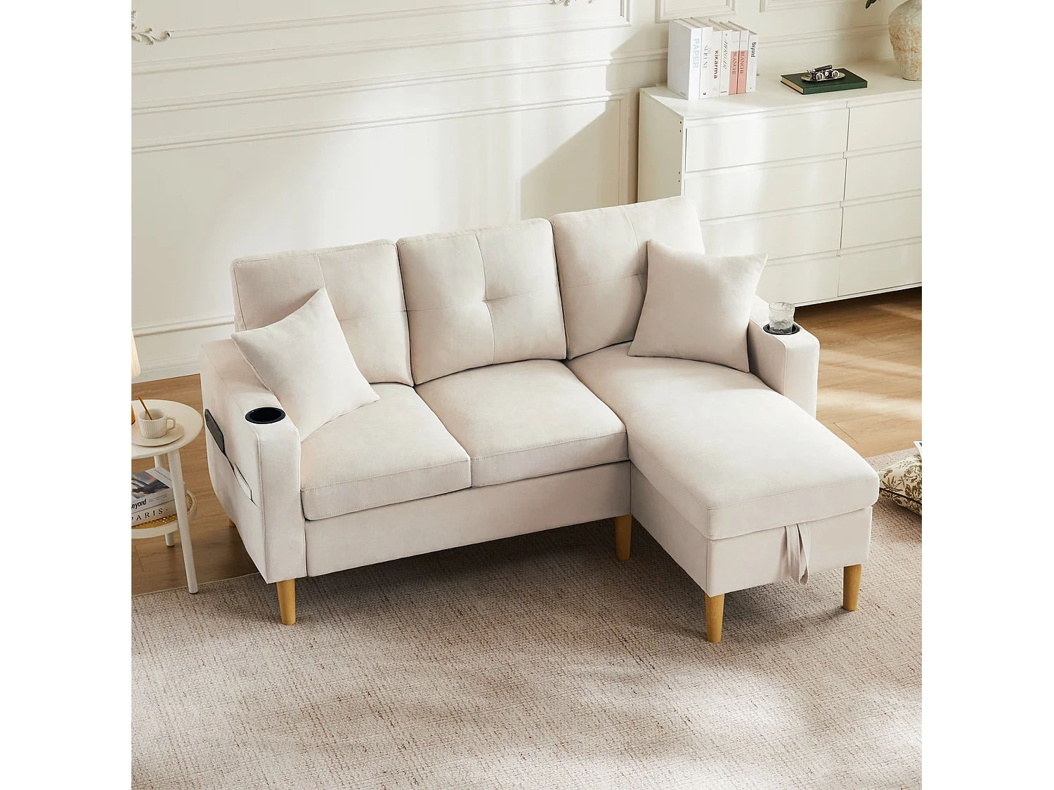 3-Sitzer Ecksofa L-förmiges Sofa mit Chaiselongue, Versteckter Stauraum für Wohnzimmer, Büro, Wohnung