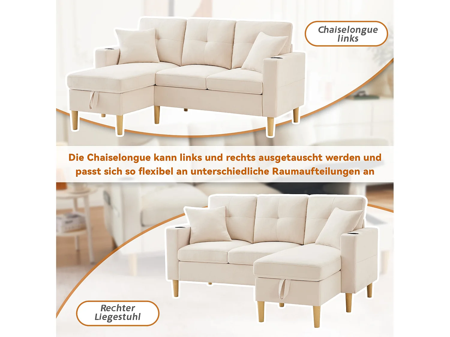 3-Sitzer Ecksofa L-förmiges Sofa mit Chaiselongue, Versteckter Stauraum für Wohnzimmer, Büro, Wohnung