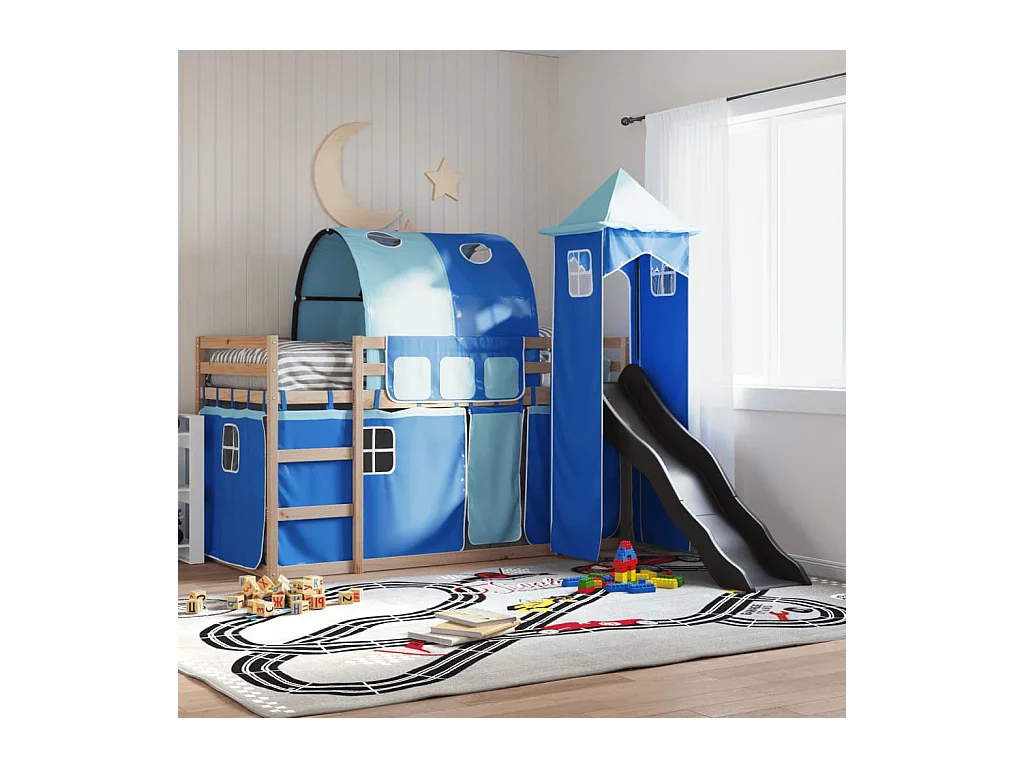 Lit simlpe-Lit superposé enfant-Cadre de lit sans matelas avec toboggan et rideaux 90x200 cm
