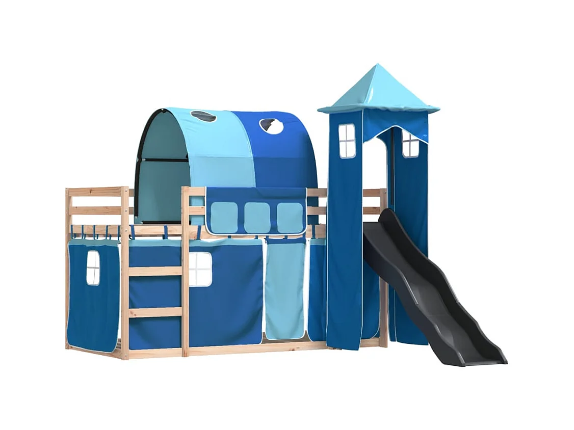 Lit simlpe-Lit superposé enfant-Cadre de lit sans matelas avec toboggan et rideaux 90x200 cm