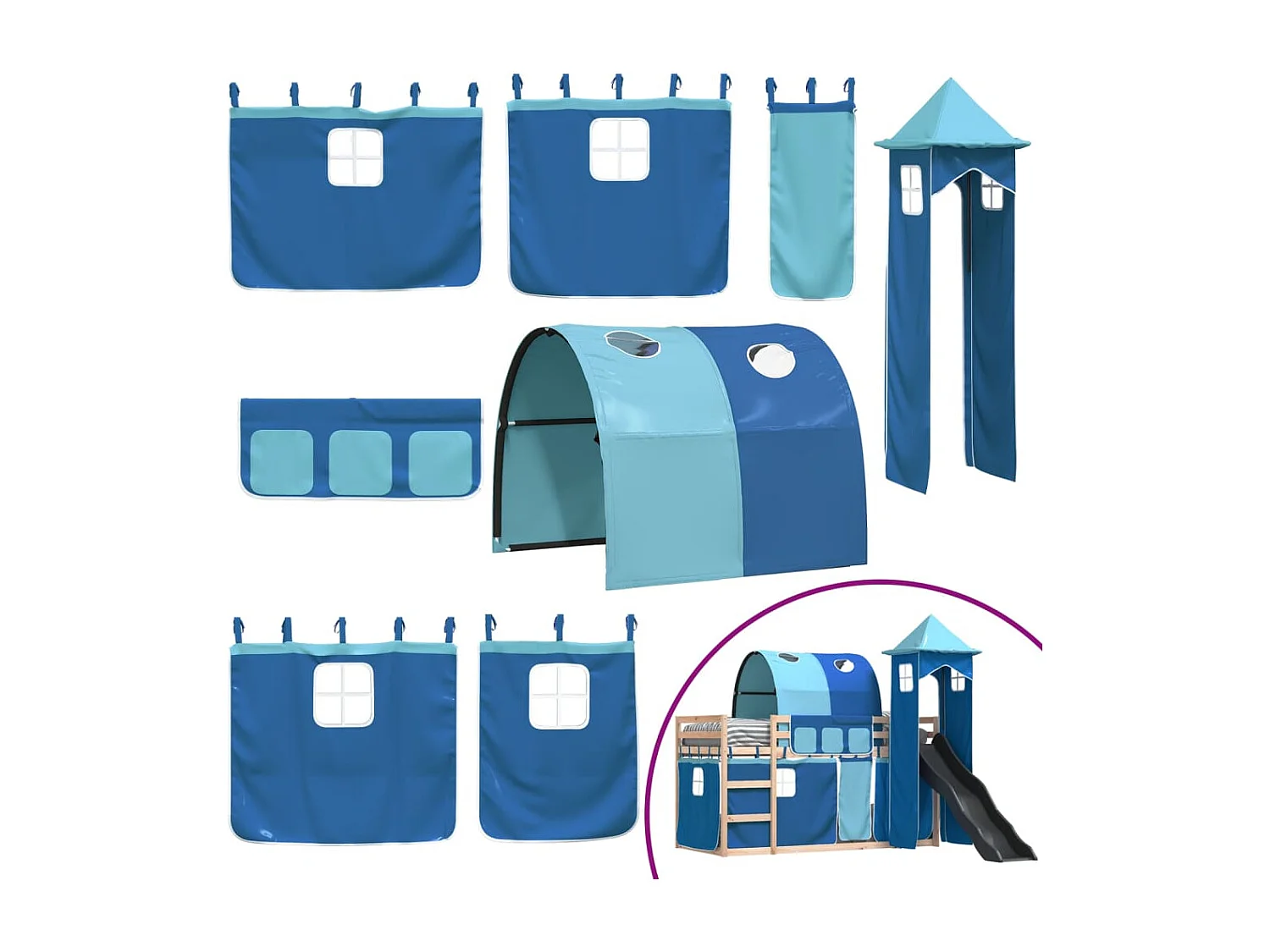 Kinderbett-Etagenbett-Bettgestell mit Rutsche und Gardinen Blau 90x200 cm SHL738214