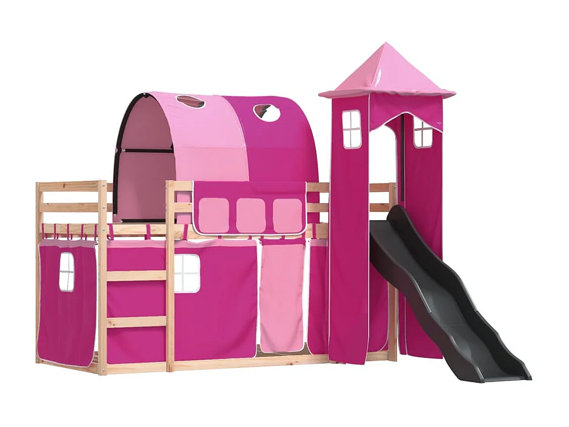Kinderbett-Etagenbett-Bettgestell mit Rutsche und Gardinen Rosa 90x200 cm SHL2689