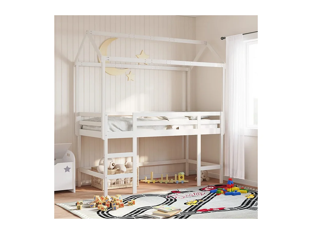 Lit simple-Lit superposé enfant avec échelle et toit sans matelas blanc 80x200 cm