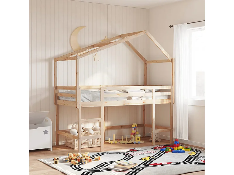 Bettgestell | Kinderbett | Hochbett mit Leiter und Dach 80x200 cm Massivholz Kiefer SHL152441