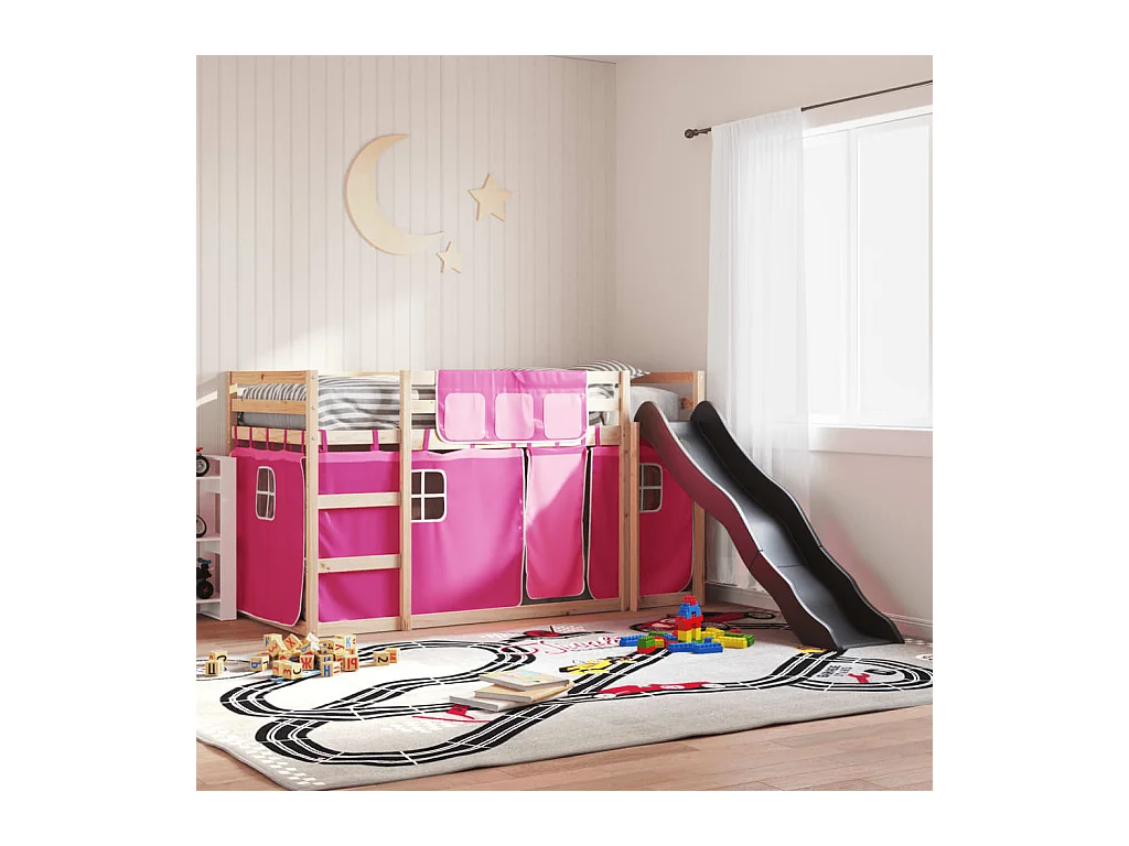 Lit simlpe-Lit superposé enfant-Cadre de lit sans matelas avec toboggan et rideaux 90x200 cm