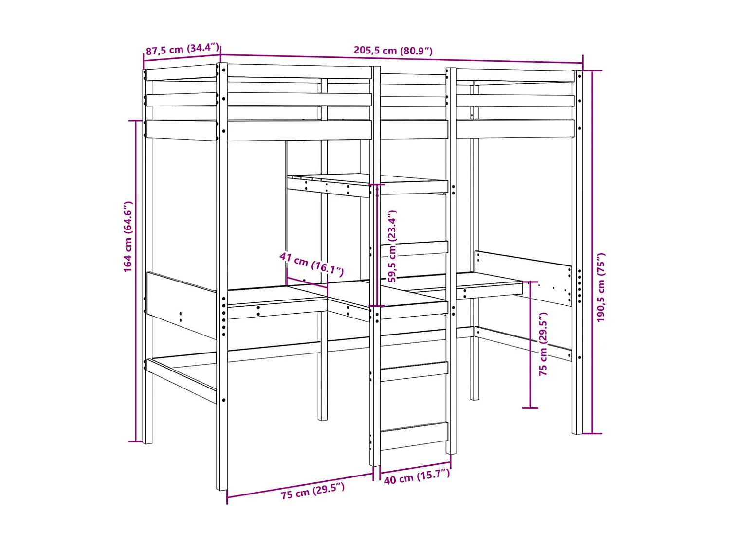 Lit simple-Cadre de lit superposé sans matelas 80x200cm bois massif de pin