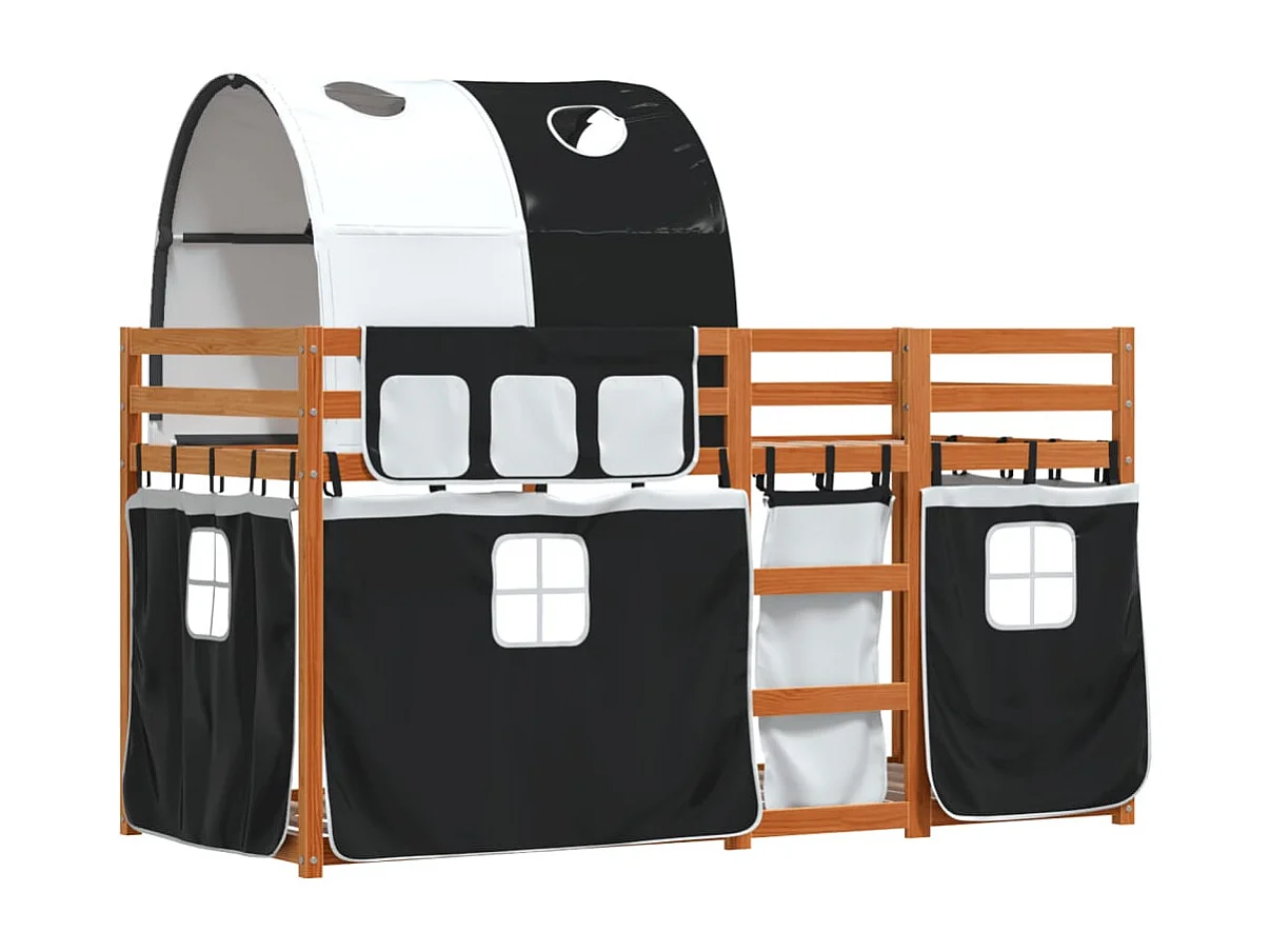 Bettgestell | Kinderbett | Etagenbett mit Vorhängen Weiß & Schwarz 90x190 cm Kiefernholz SHL960530