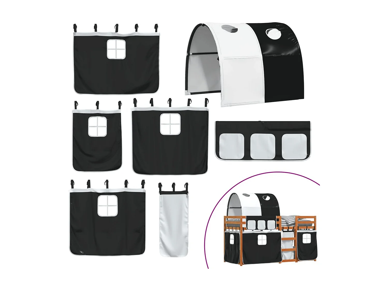 Bettgestell | Kinderbett | Etagenbett mit Vorhängen Weiß & Schwarz 90x190 cm Kiefernholz SHL960530