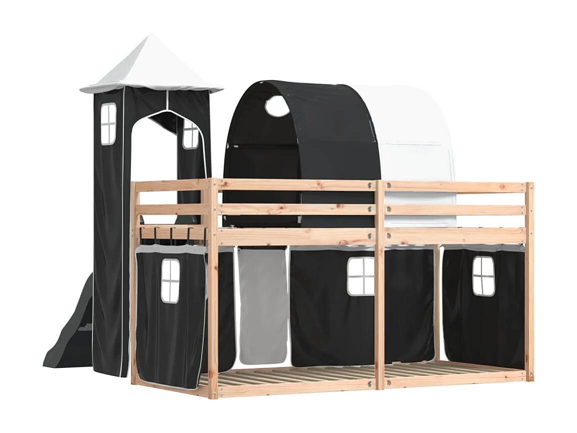Lit simlpe-Lit superposé enfant-Cadre de lit sans matelas avec toboggan blanc noir 90x200 cm