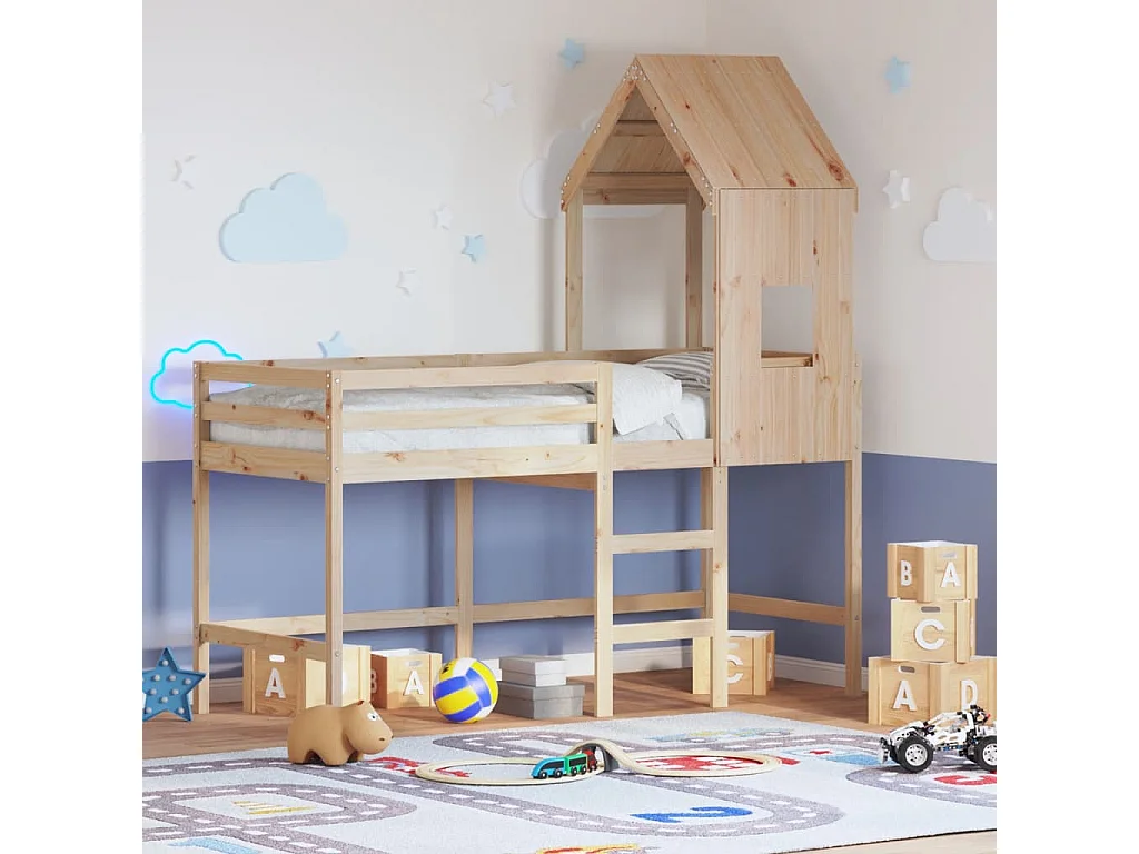 Einzelbett | Bettgestell | Hochbett mit Leiter und Dach 90x200 cm Massivholz Kiefer SHL698730