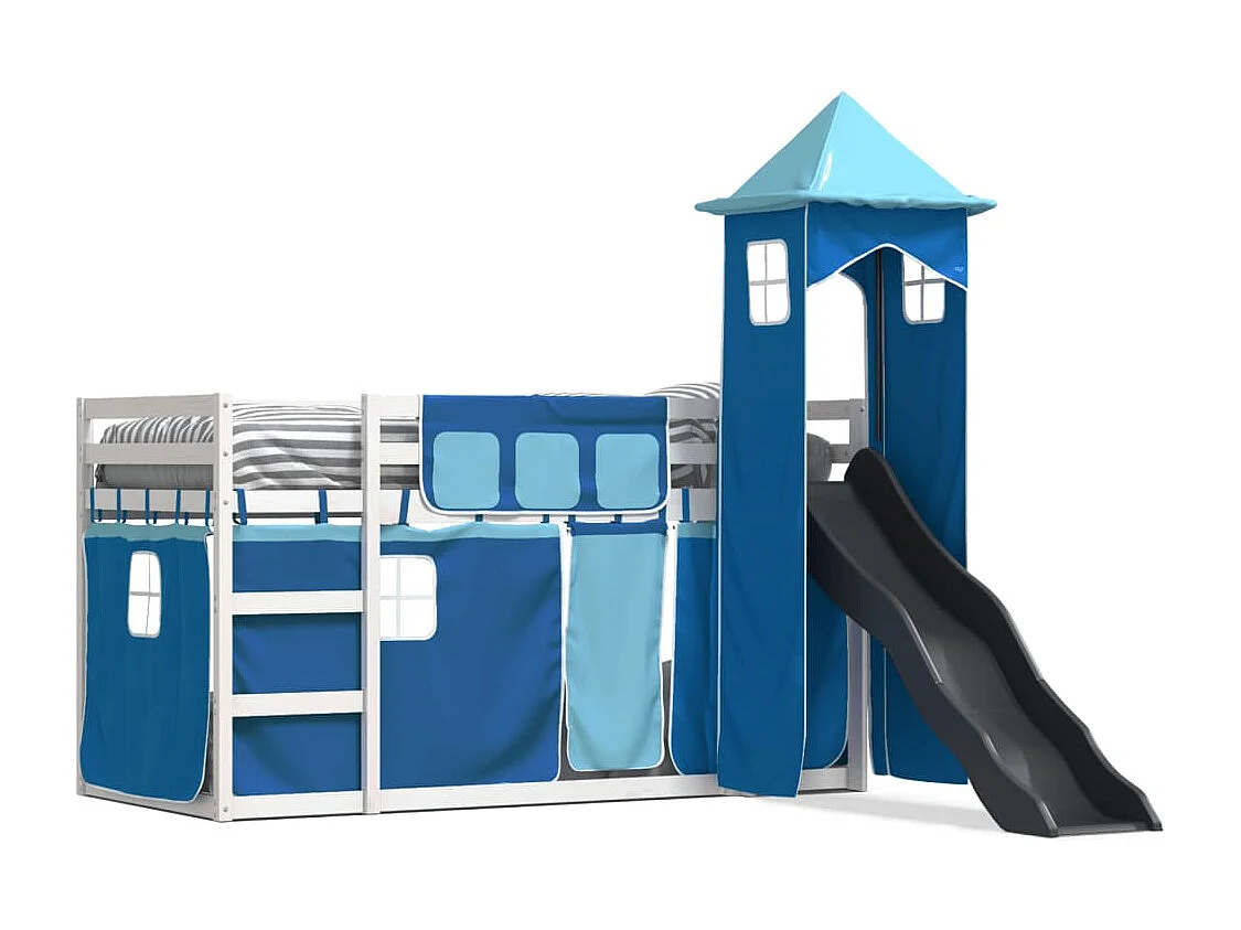 Bettgestell | Kinderbett | Etagenbett mit Rutsche und Gardinen Blau 80x200 cm SHL12041