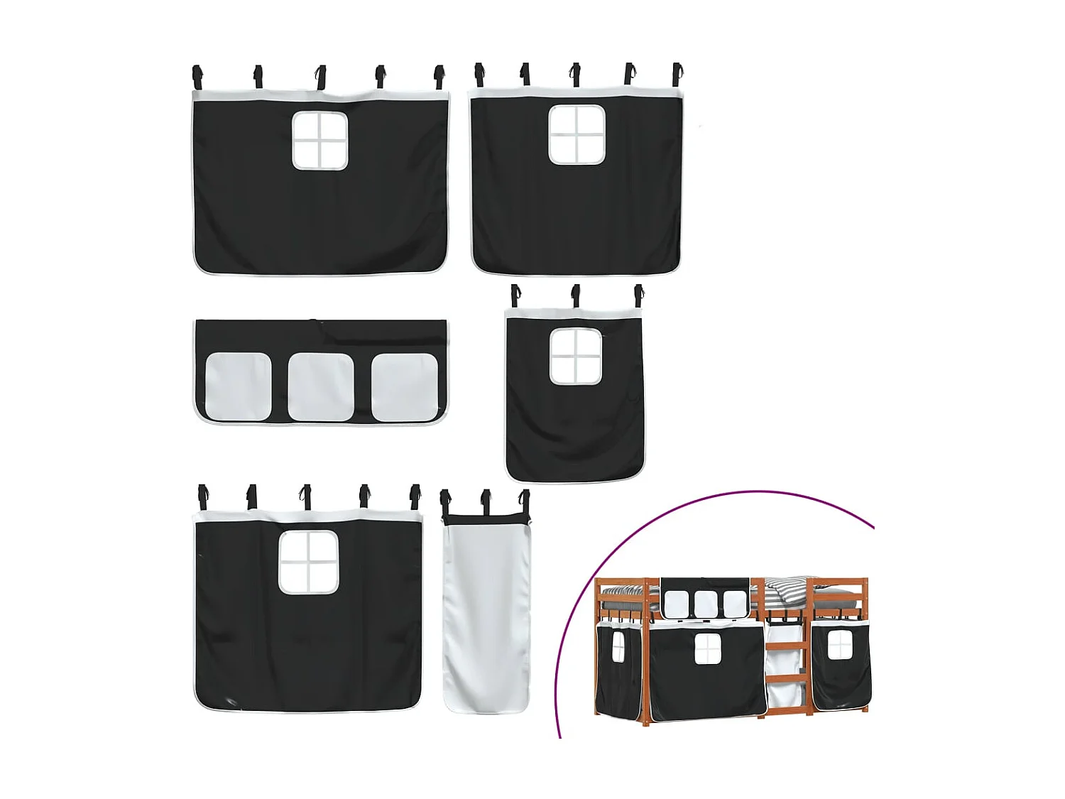 Beliche infantil com cortinas 90x200cm pinho maciço branco e preto SHL962572