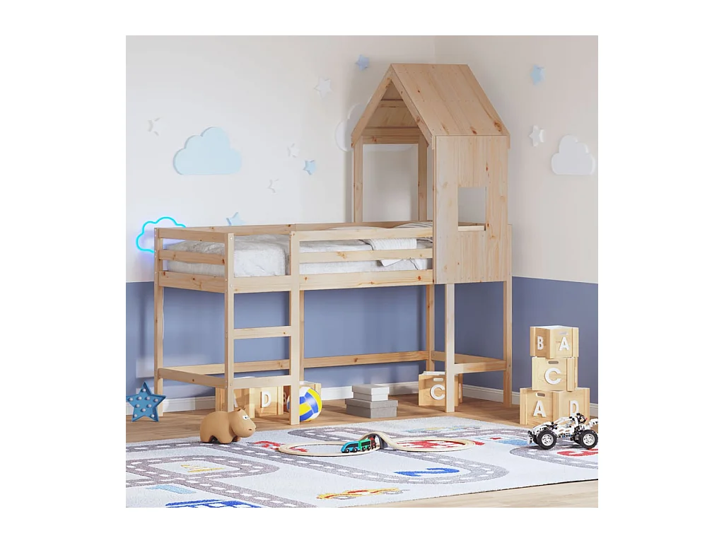 Lit simple-Lit superposé enfant avec échelle et toit sans matelas 80x200 cm