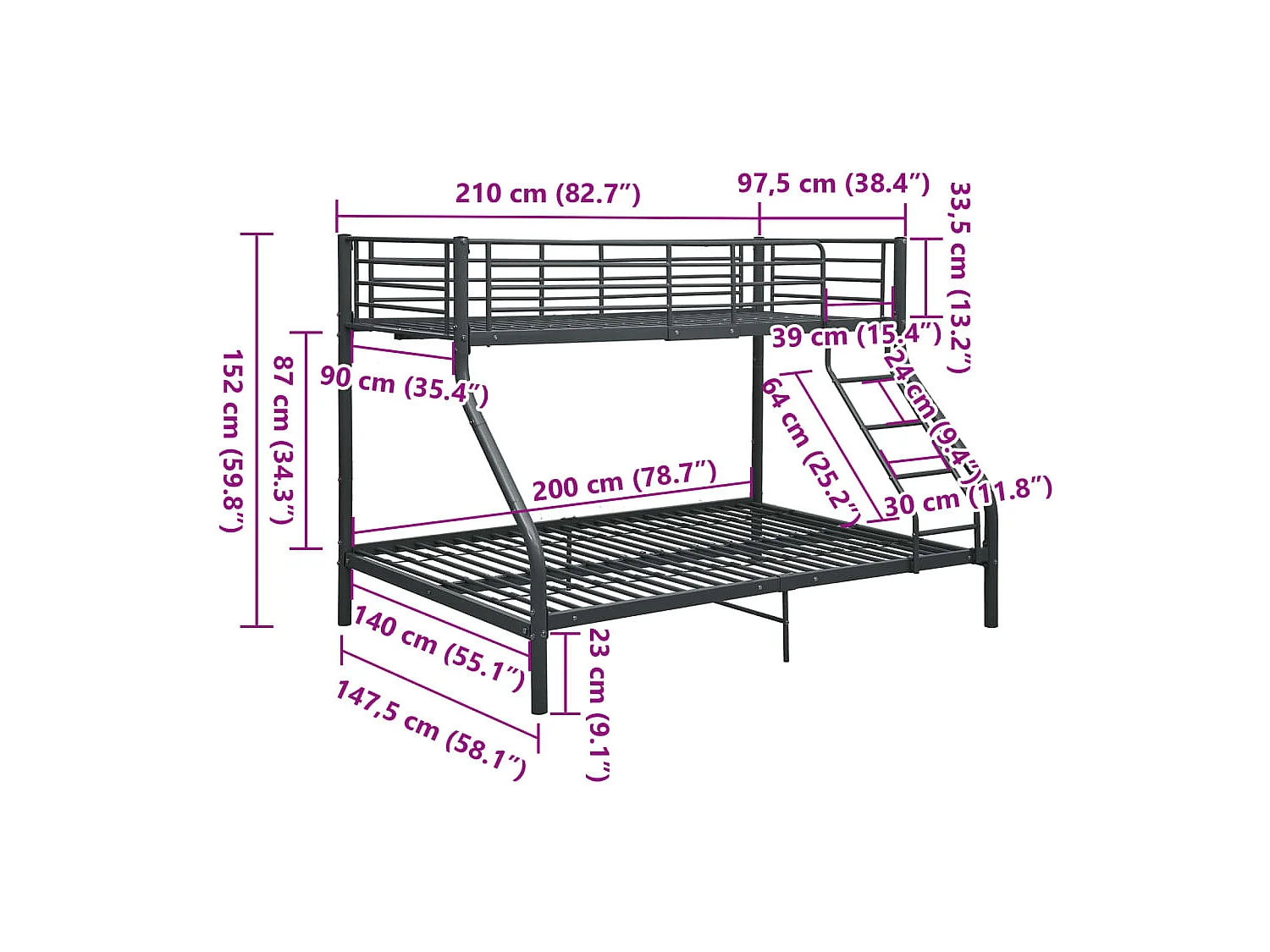 Etagenbettgestell | Kinderbett | Schlafsofa Schwarz Metall 140x200 cm/90x200 cm SHL360298