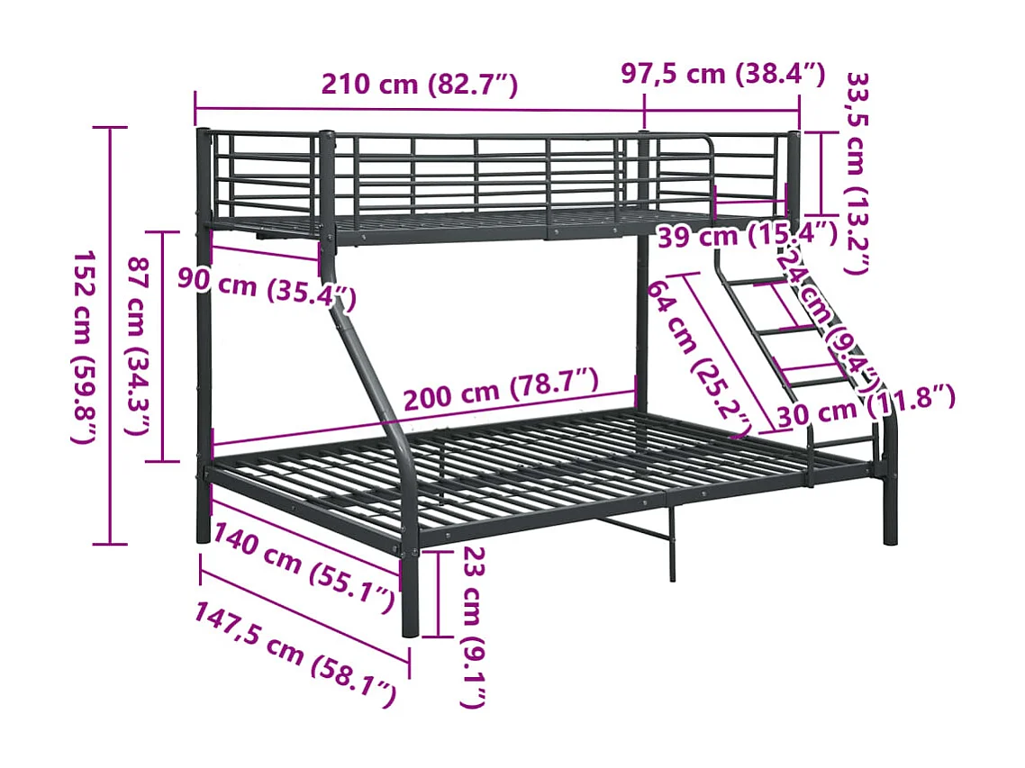 Etagenbettgestell | Kinderbett | Schlafsofa Schwarz Metall 140x200 cm/90x200 cm SHL360298