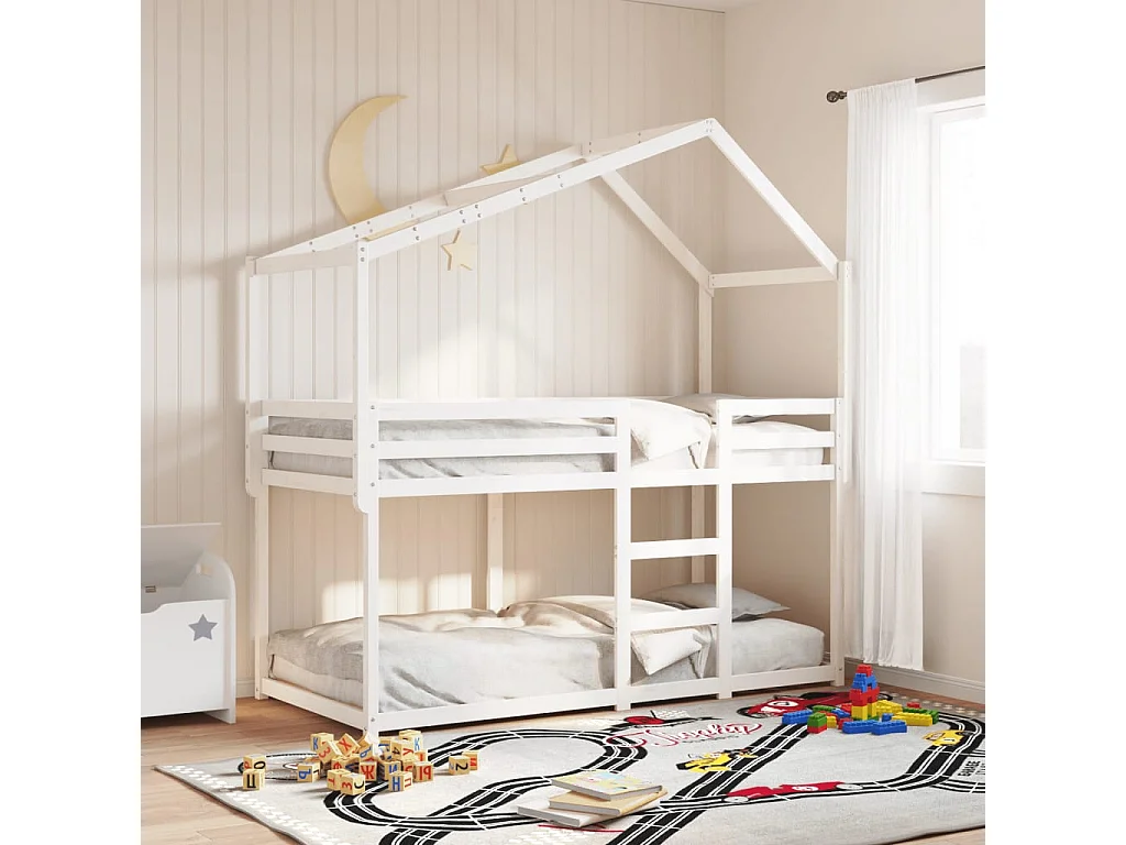 Bettgestell | Kinderbett | Etagenbett mit Dach Weiß 90x190 cm Massivholz Kiefer SHL789681