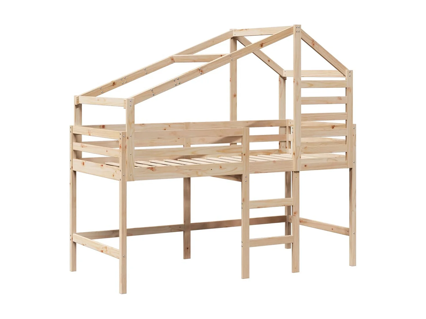 Einzelbett | Bettgestell | Hochbett mit Leiter und Dach 90x200 cm Massivholz Kiefer SHL660324