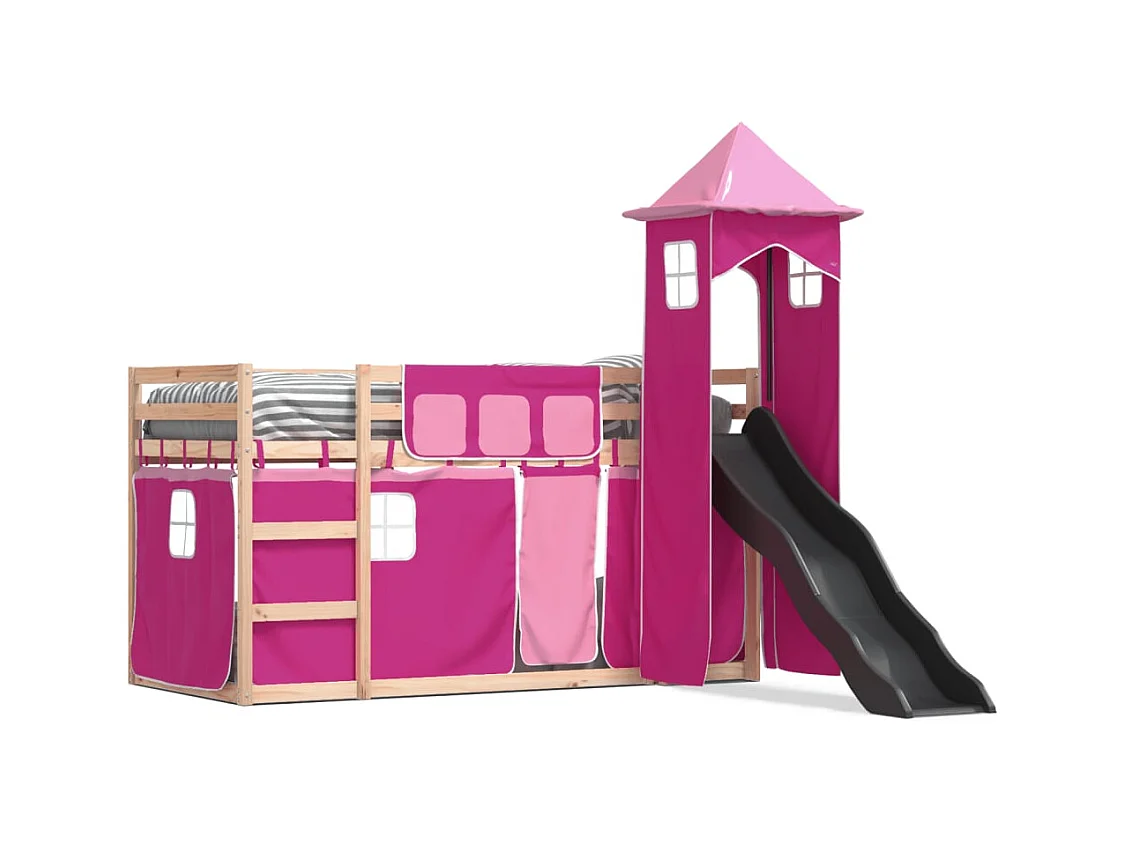 Lit simple-Lit superposé enfant sans matelas avec toboggan et rideaux 80x200 cm