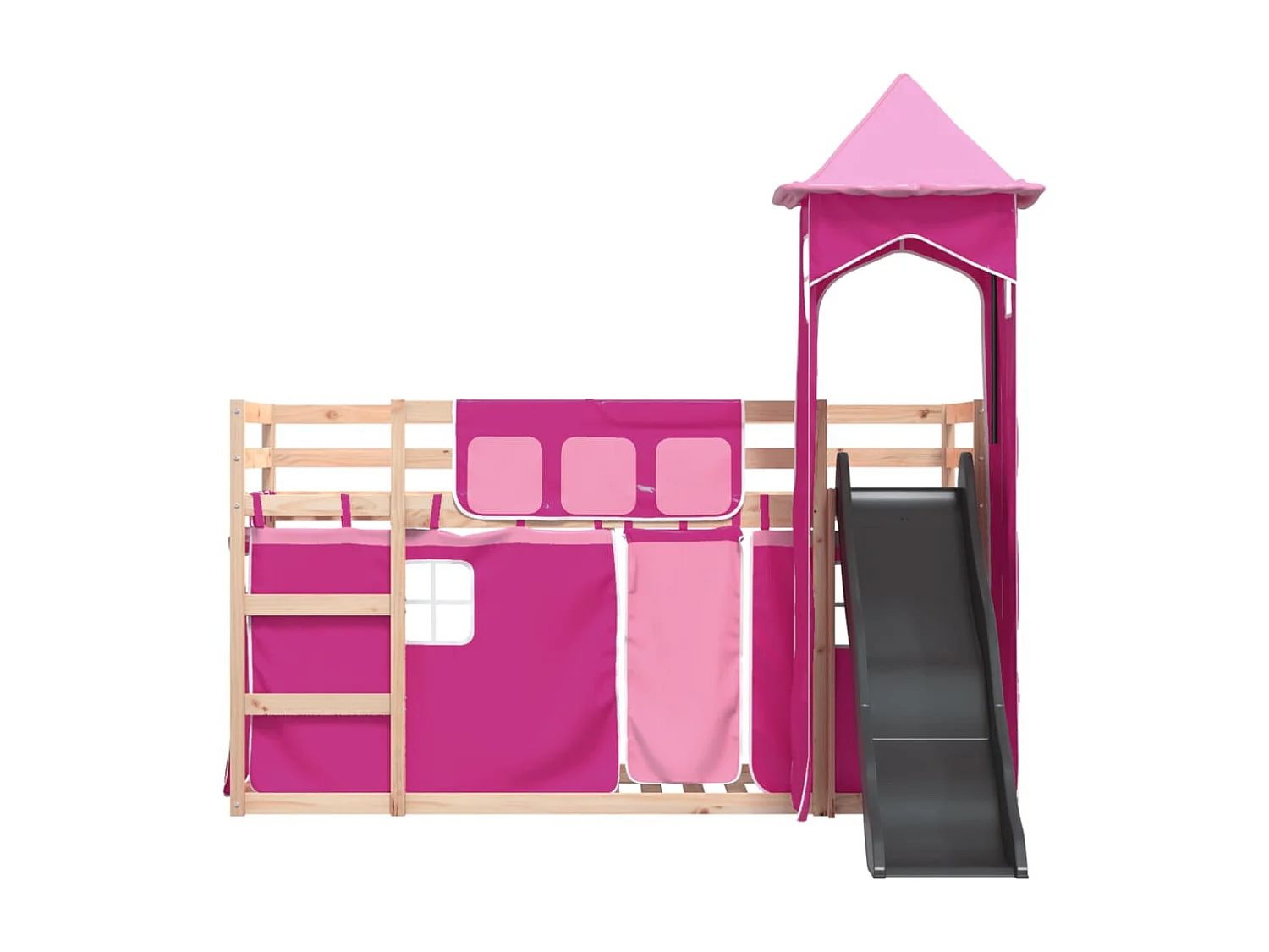 Lit simple-Lit superposé enfant sans matelas avec toboggan et rideaux 80x200 cm
