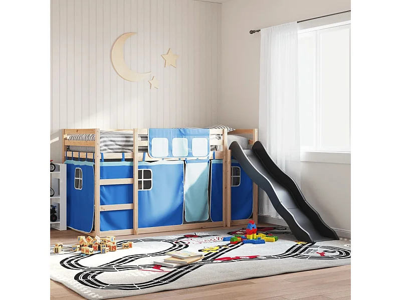 Lit simlpe-Lit superposé enfant-Cadre de lit sans matelas avec toboggan et rideaux 90x200 cm