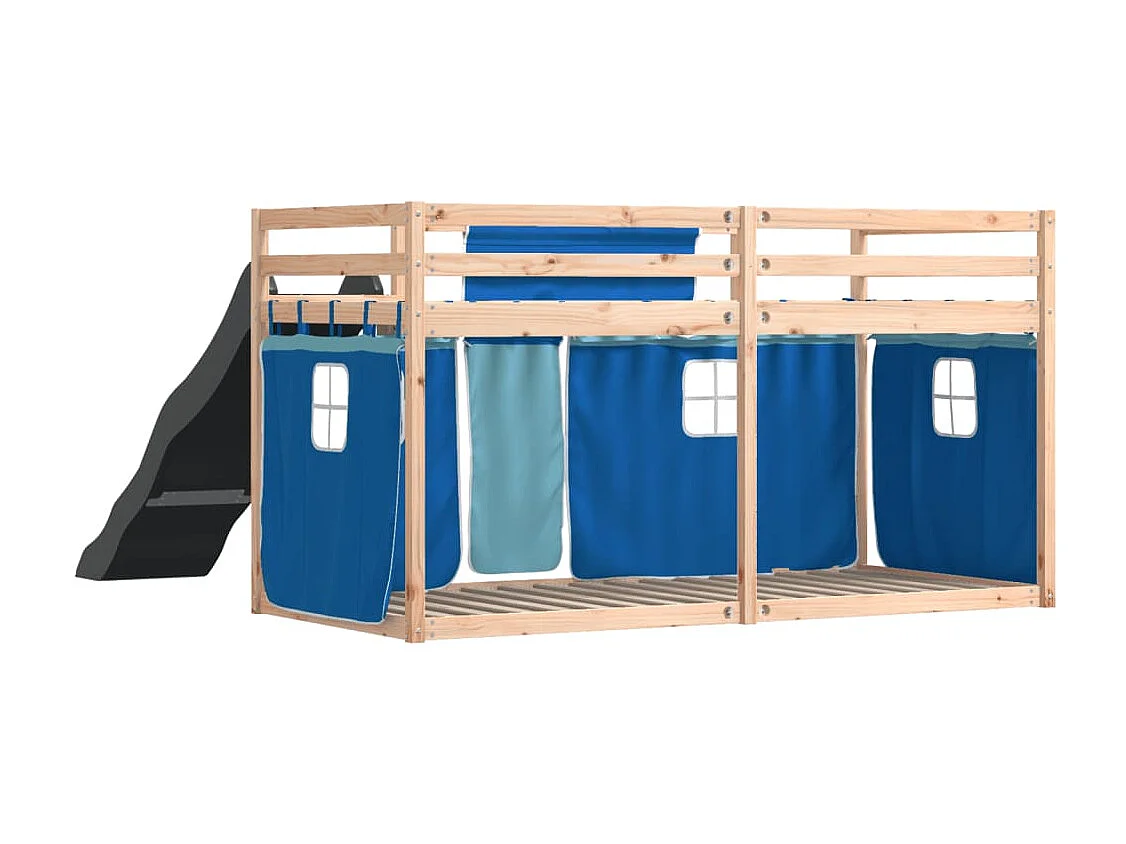 Lit simlpe-Lit superposé enfant-Cadre de lit sans matelas avec toboggan et rideaux 90x200 cm