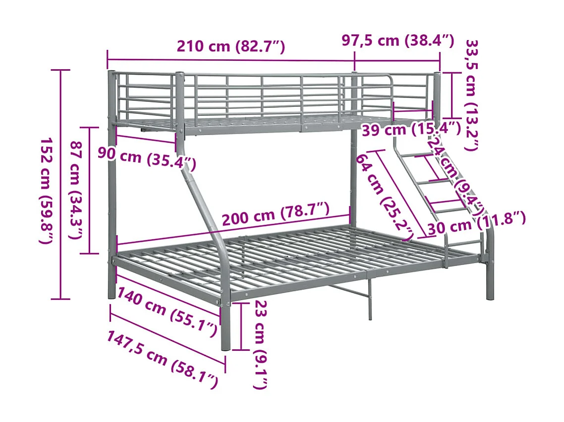 Etagenbettgestell | Kinderbett | Schlafsofa Grau Metall 140x200 cm/90x200 cm SHL917949