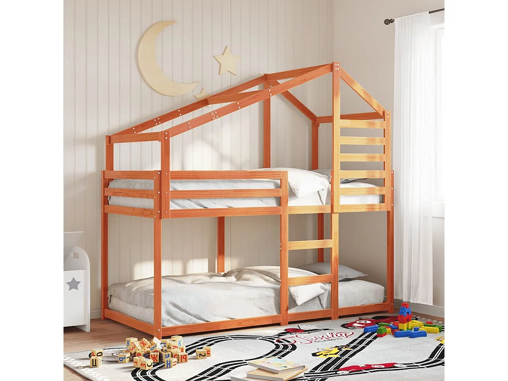 Bettgestell | Kinderbett | Etagenbett mit Dach Wachsbraun 75x190 cm Massivholz Kiefer SHL160423