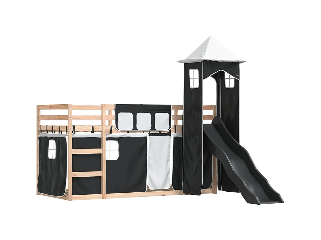 Lit simple-Lit superposé enfant sans matelas avec toboggan blanc noir 80x200 cm