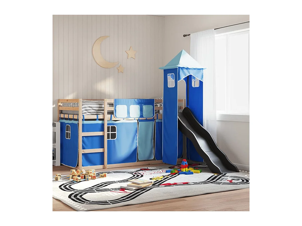 Lit simple-Lit superposé enfant sans matelas avec toboggan et rideaux 90x190 cm