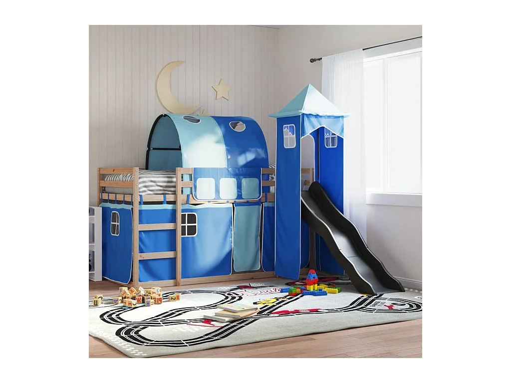 Lit simple-Lit superposé enfant sans matelas avec toboggan et rideaux 80x200 cm