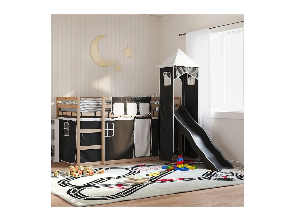 Lit simlpe-Lit superposé enfant-Cadre de lit sans matelas avec toboggan blanc noir 90x200 cm