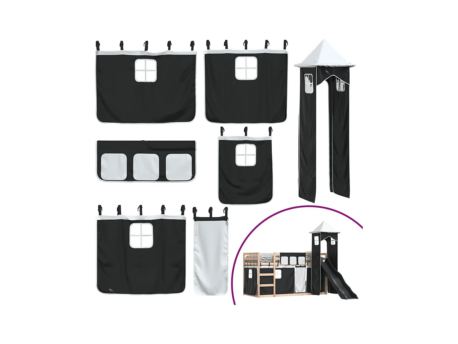 Lit simlpe-Lit superposé enfant-Cadre de lit sans matelas avec toboggan blanc noir 90x200 cm