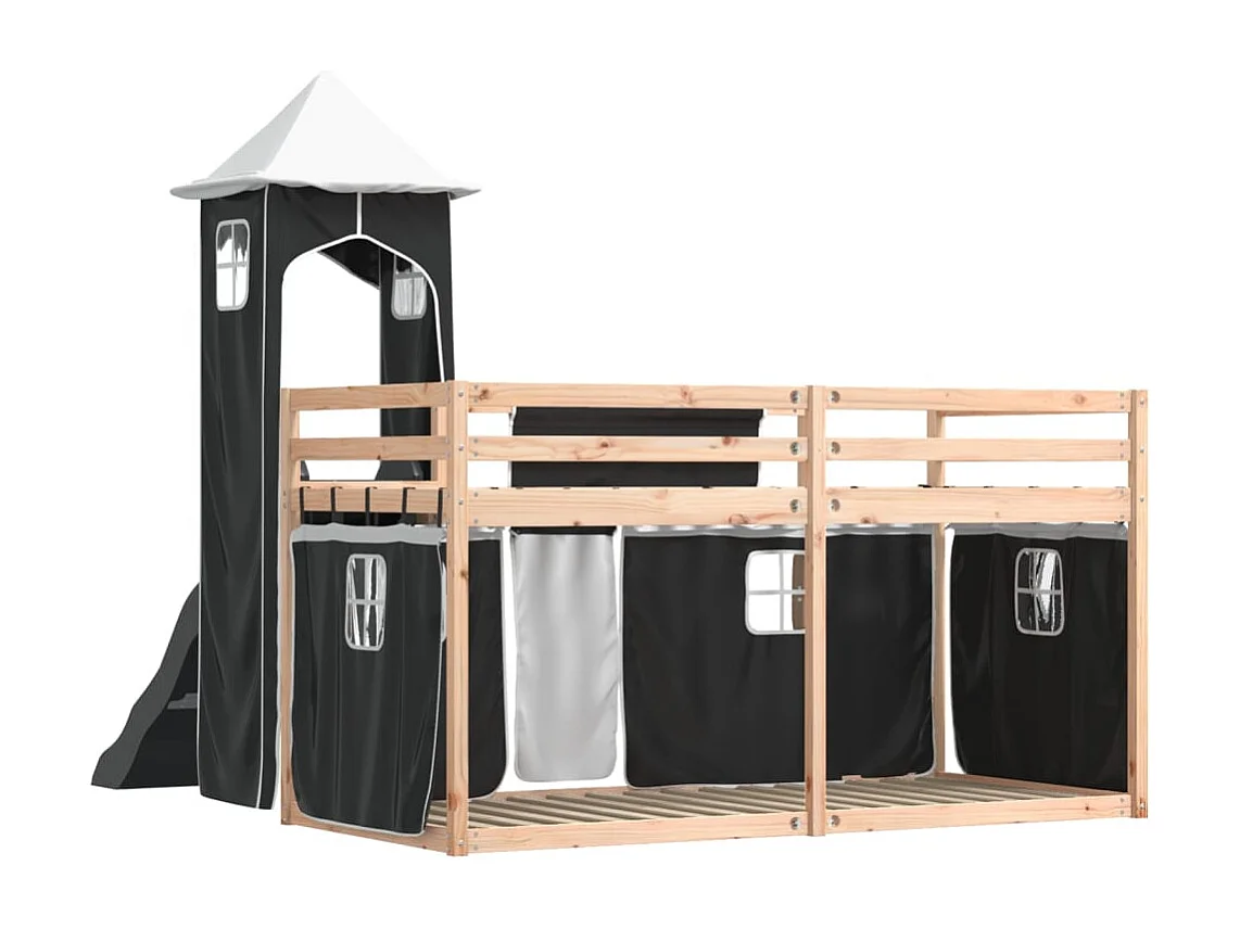 Lit simlpe-Lit superposé enfant-Cadre de lit sans matelas avec toboggan blanc noir 90x200 cm