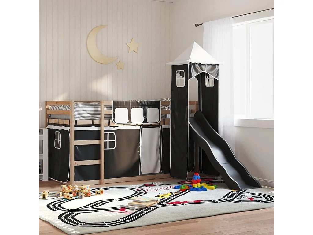 Litera para niños | Litera con tobogán y cortinas blanco y negro 90x200 cm SHL70497