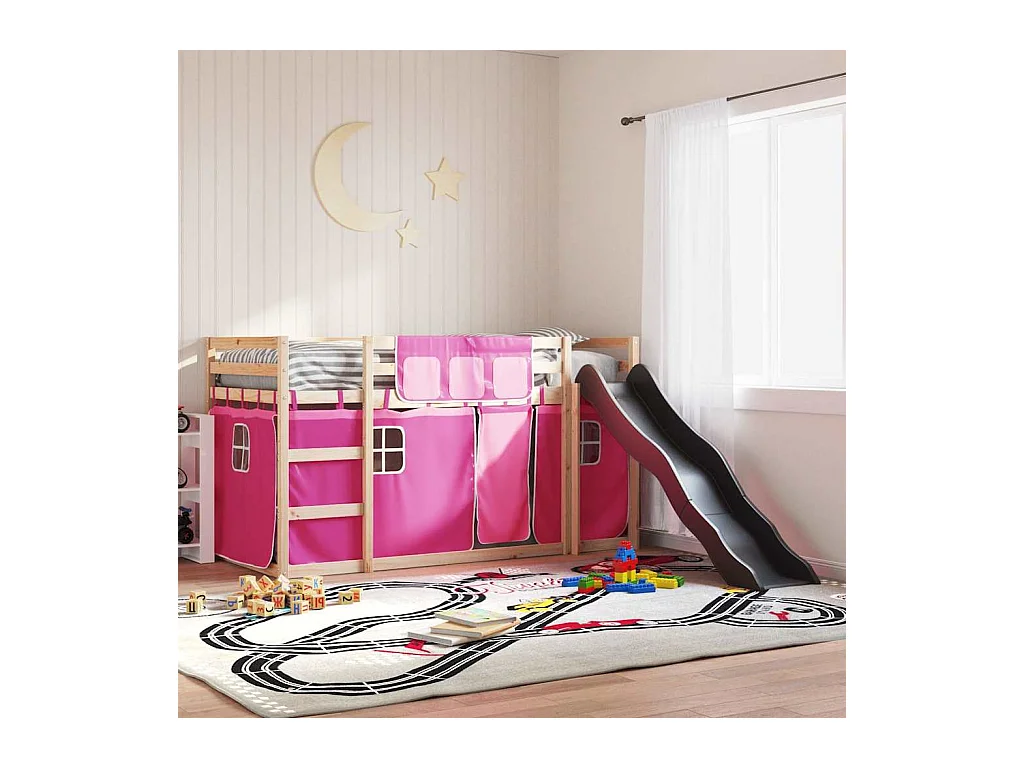 Lit simple-Lit superposé enfant sans matelas avec toboggan et rideaux 80x200 cm