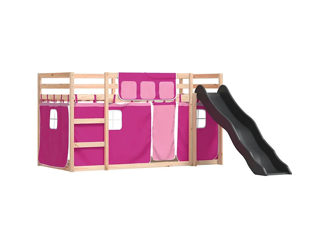 Lit simple-Lit superposé enfant sans matelas avec toboggan et rideaux 80x200 cm