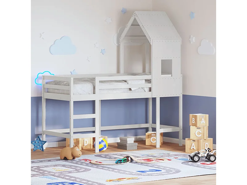 Lit simple-Lit superposé enfant avec échelle et toit sans matelas blanc 80x200 cm