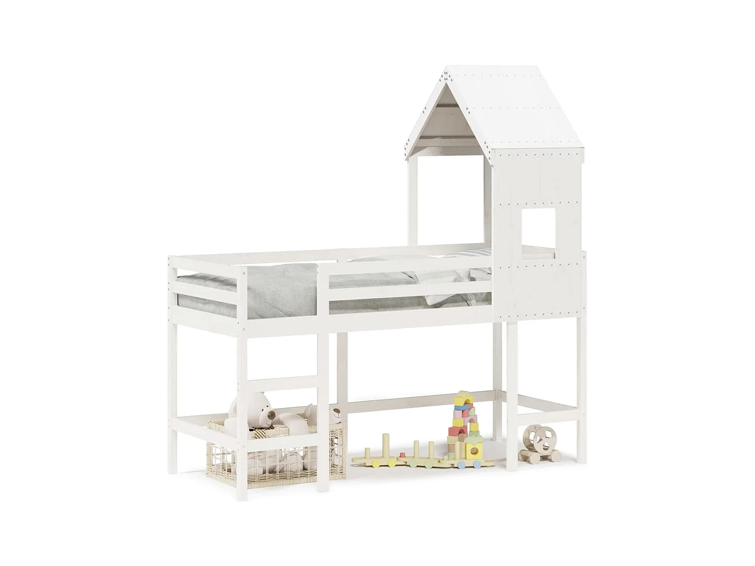 Lit simple-Lit superposé enfant avec échelle et toit sans matelas blanc 80x200 cm