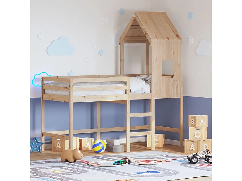 Lit simple-Lit superposé enfant avec échelle et toit sans matelas 80x200 cm