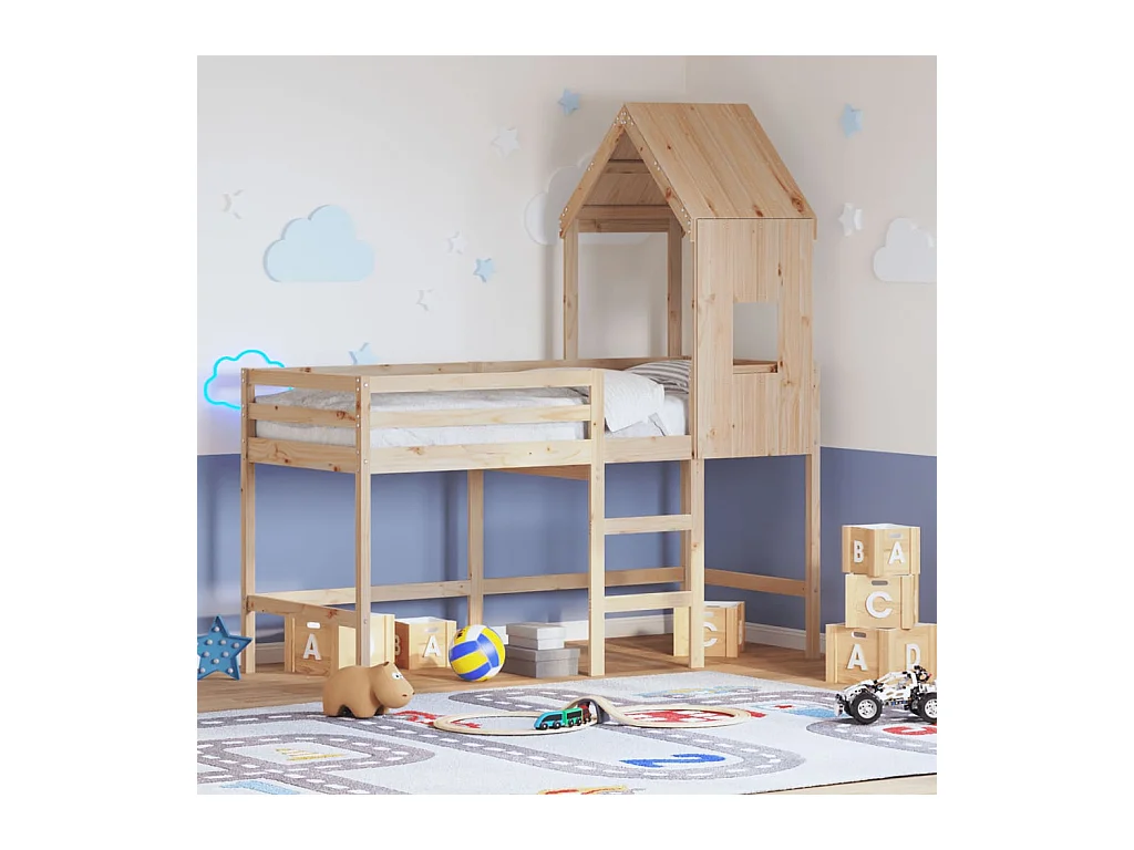 Lit simple-Lit superposé enfant avec échelle et toit sans matelas 80x200 cm