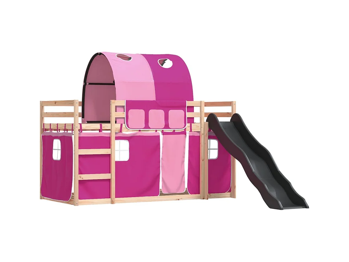 Lit simlpe-Lit superposé enfant-Cadre de lit sans matelas avec toboggan et rideaux 90x200 cm