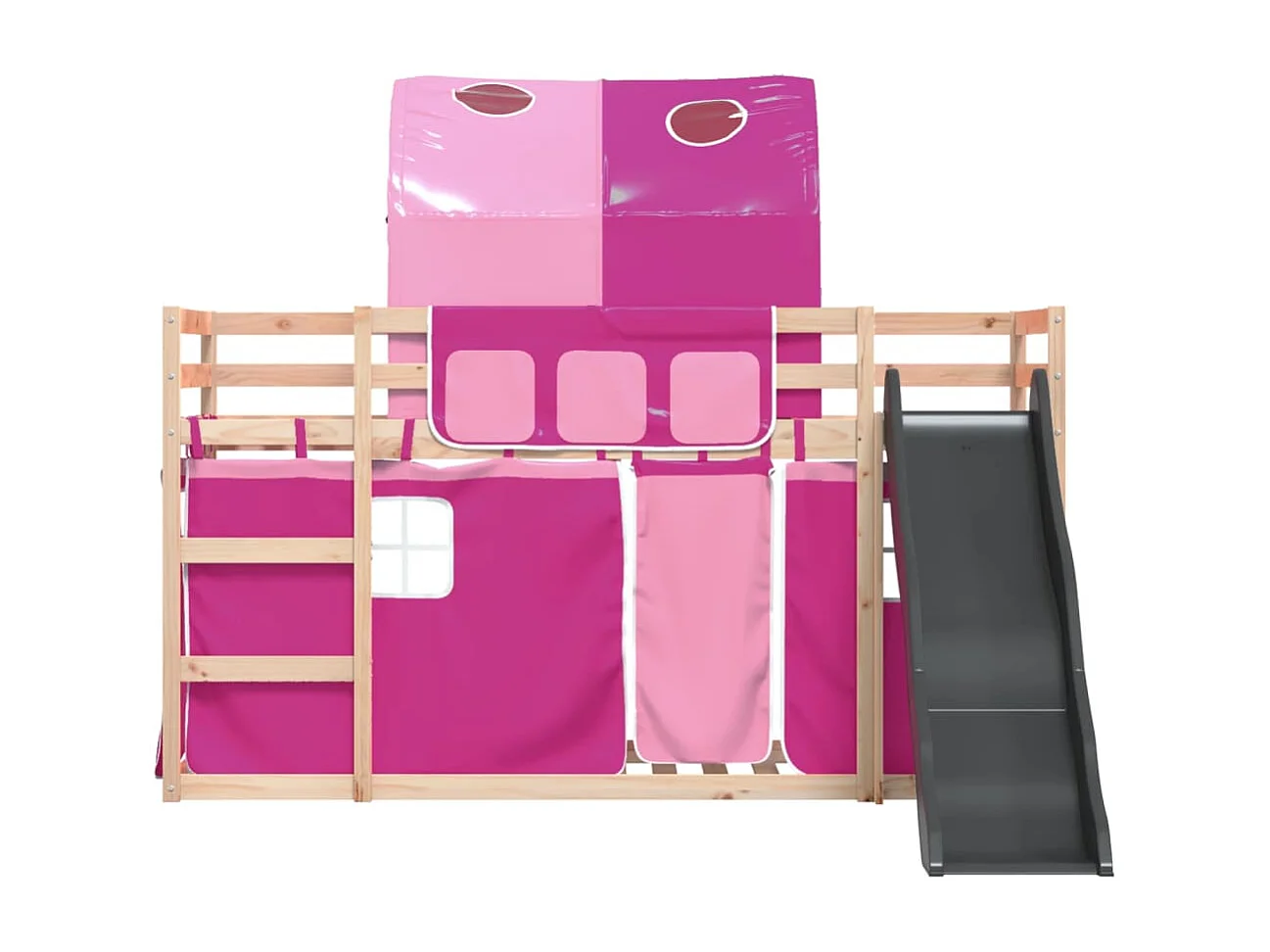 Lit simlpe-Lit superposé enfant-Cadre de lit sans matelas avec toboggan et rideaux 90x200 cm