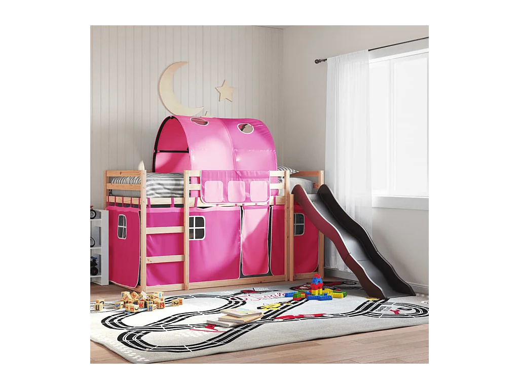 Lit simlpe-Lit superposé enfant-Cadre de lit sans matelas avec toboggan et rideaux 90x200 cm
