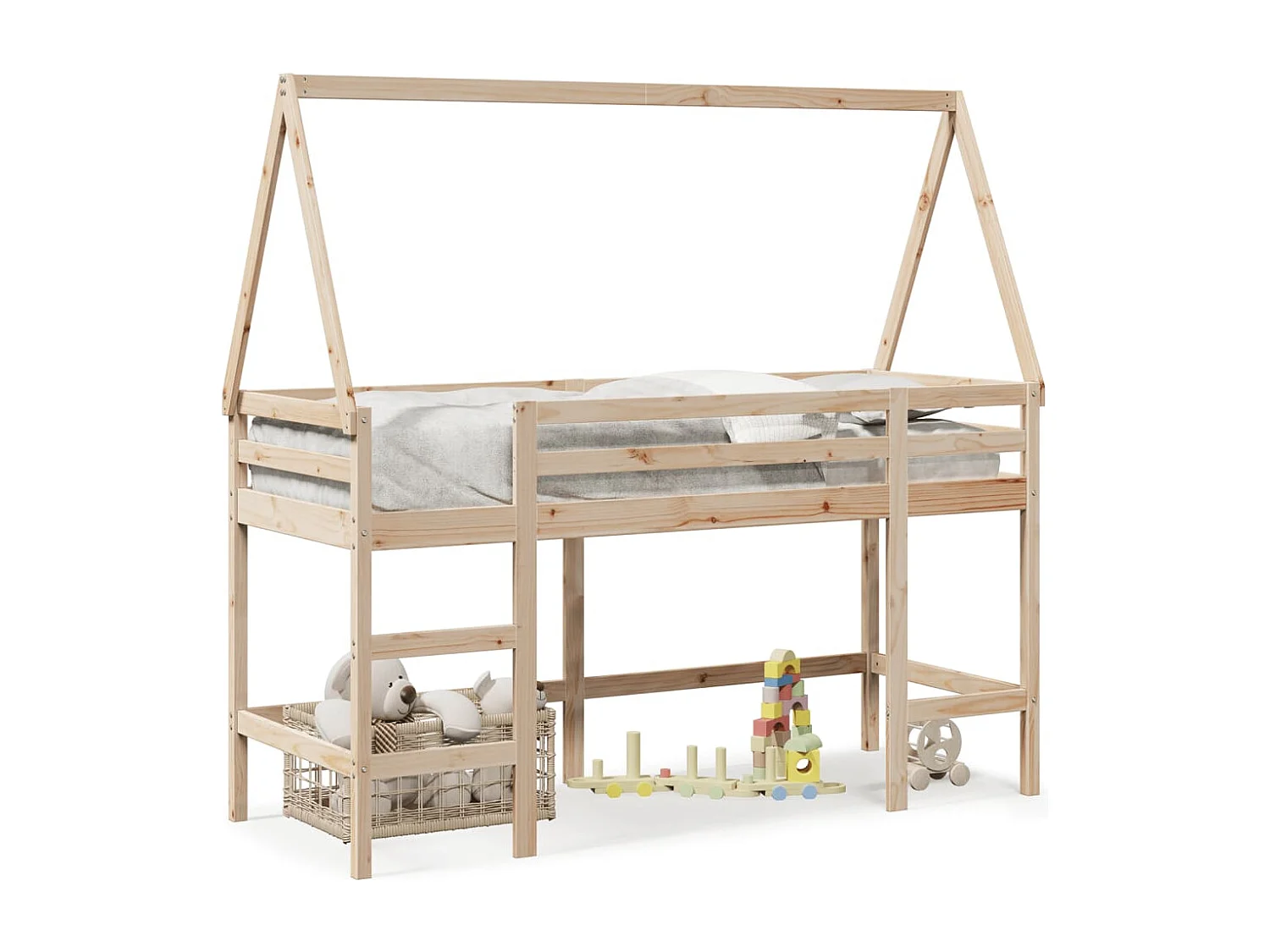 Bettgestell | Kinderbett | Hochbett mit Leiter und Dach 80x200 cm Massivholz Kiefer SHL799636
