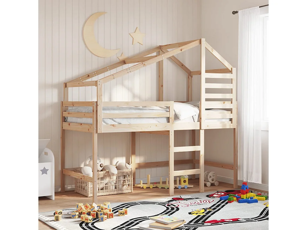 Lit simple-Lit superposé enfant avec échelle et toit sans matelas 90x190 cm