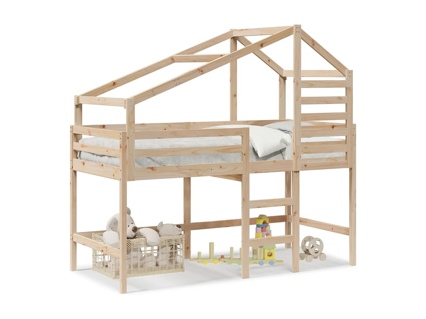 Lit simple-Lit superposé enfant avec échelle et toit sans matelas 90x190 cm