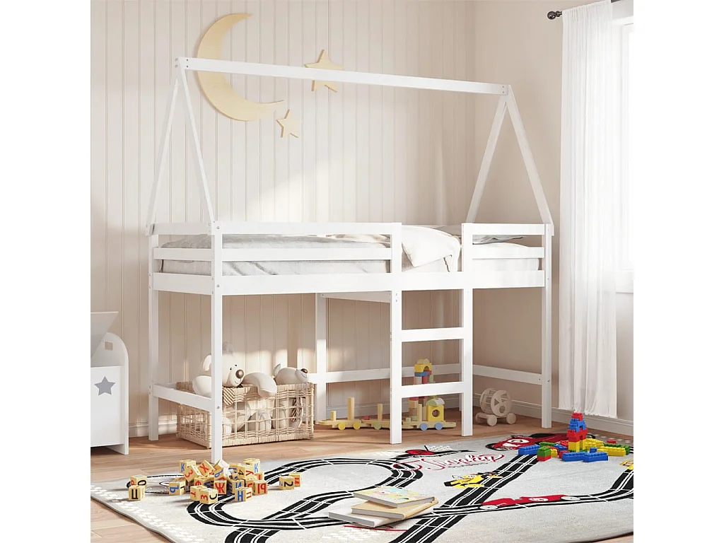 Lit simple-Lit superposé enfant avec échelle et toit sans matelas blanc 90x190 cm