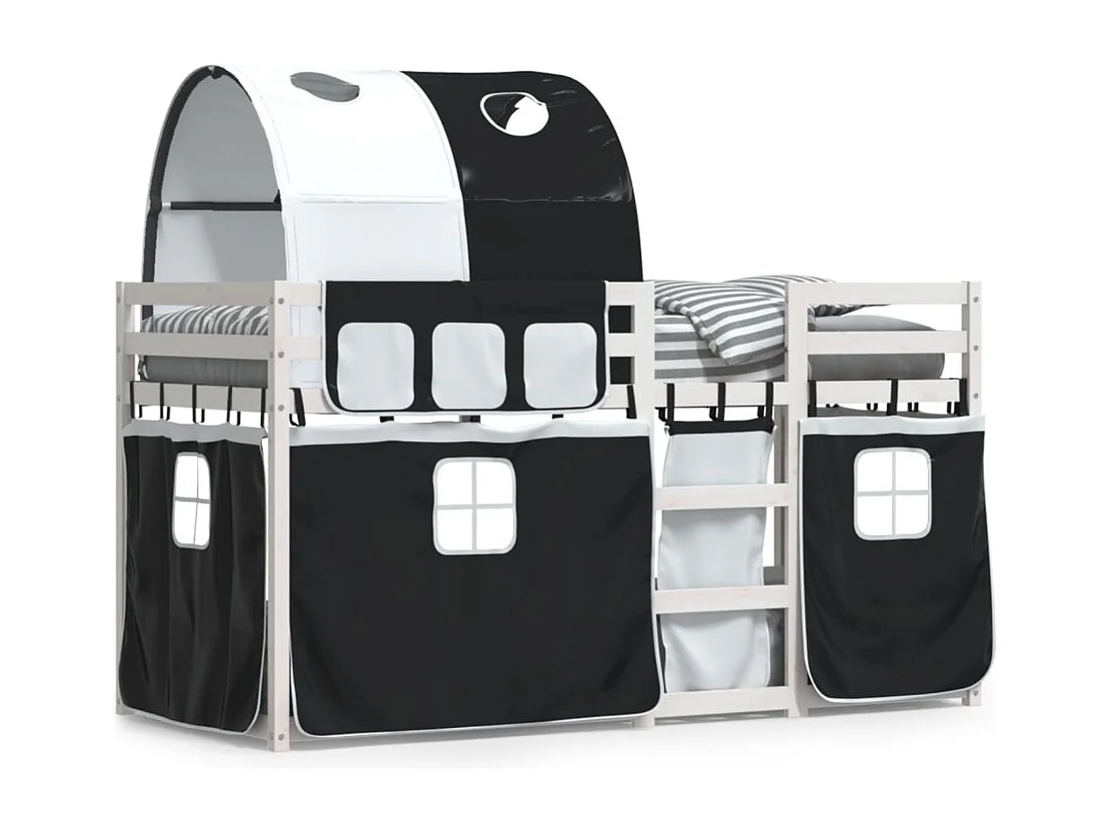 Kinderbett-Etagenbett-Bettgestell mit Vorhängen Weiß Schwarz 90x200 cm Kiefernholz SHL145567