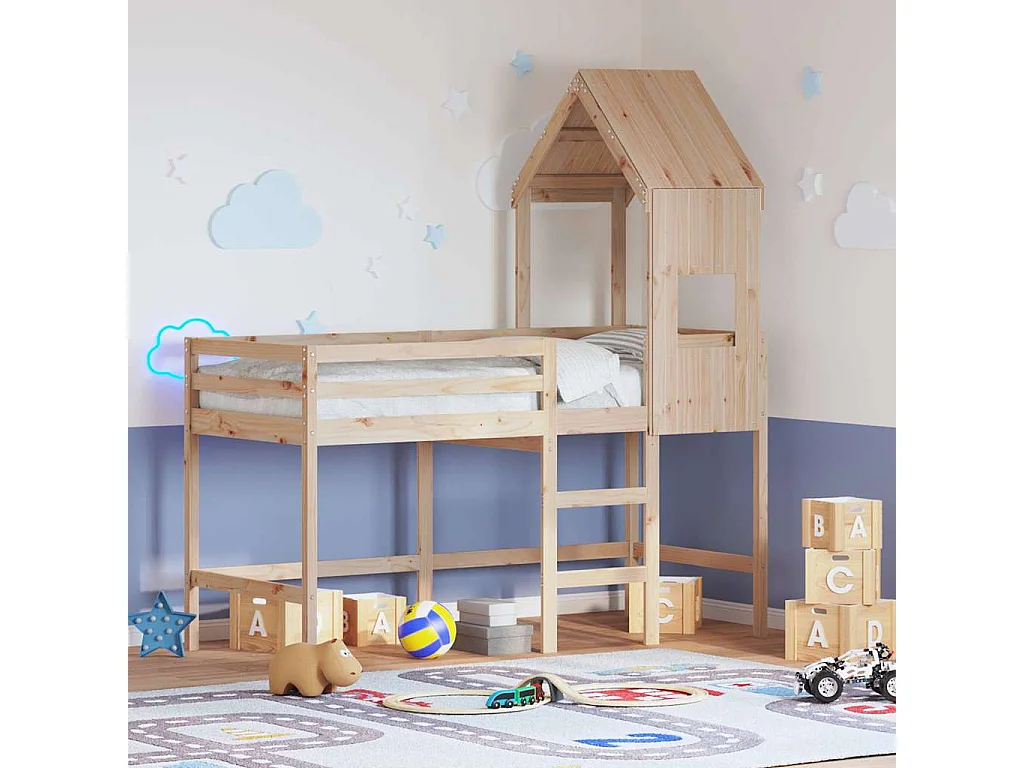 Lit simple-Lit superposé enfant avec échelle et toit sans matelas 90x190 cm