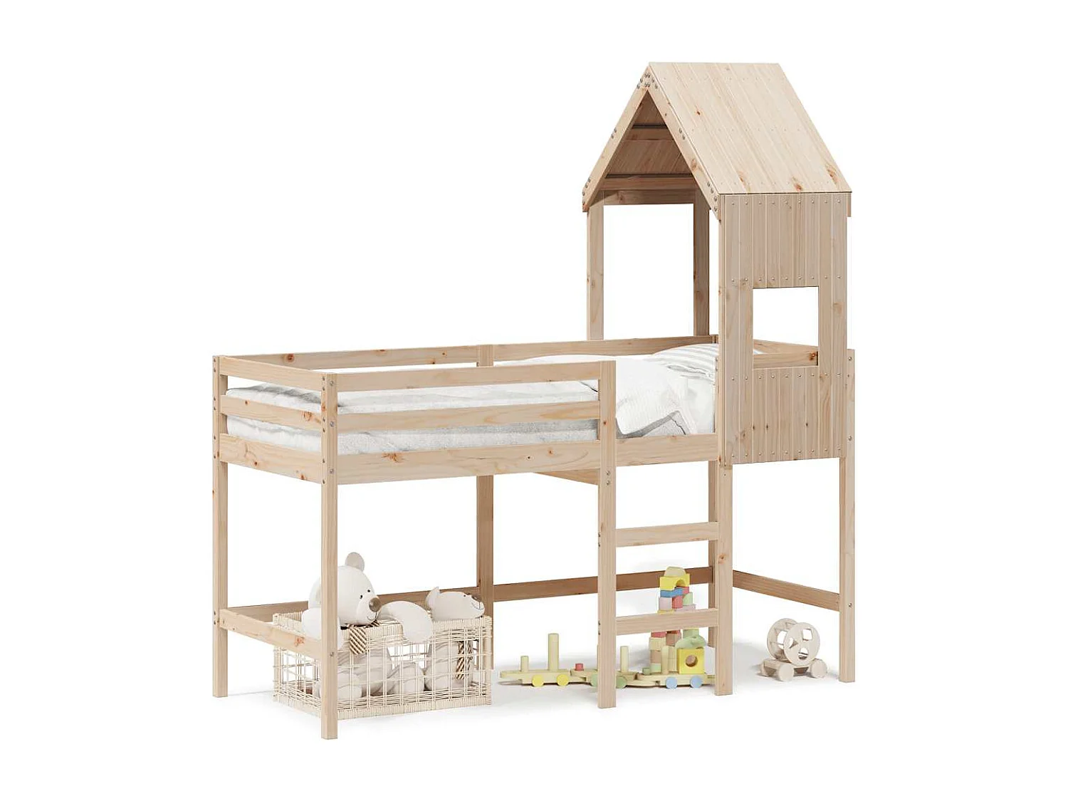 Lit simple-Lit superposé enfant avec échelle et toit sans matelas 90x190 cm